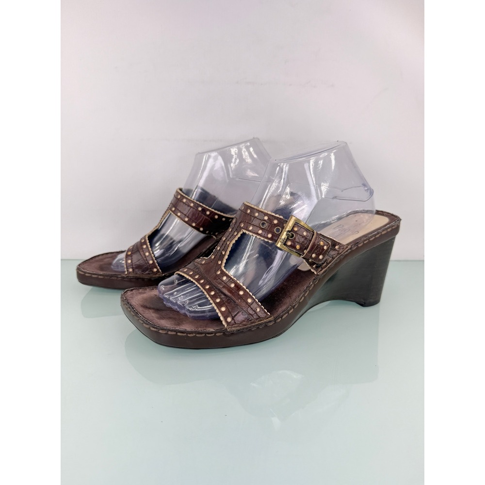 Vintage Y2K Linea Paolo Brown Studded Leather Wedge Sandals Sz 10M Boho Western
